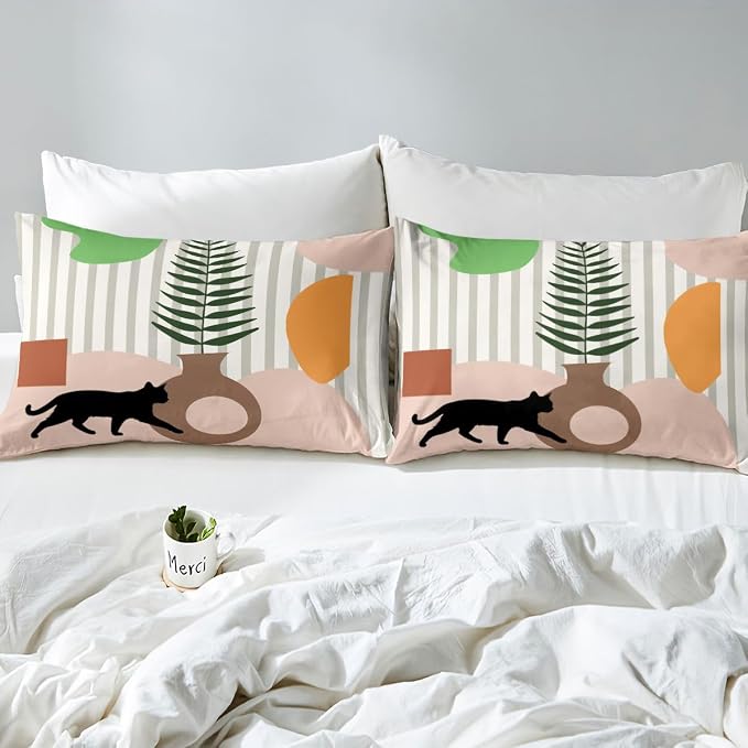 Erosebridal Boho Cat Animals Comforter Cover King Abstract Mid Century Bedding Set Minimalism Aesthetic Geometric Duvet Cover for Kids Girls Boys Adults Tropical Palm Leaves Bed Set