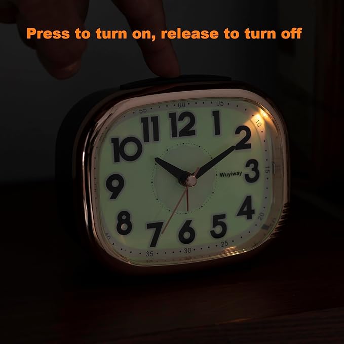 Vintage Retro Analog Alarm Clock, Battery Operated, Silent No Ticking, Glow in Dark Dial, Lighted on Demand and Snooze, Black, 4.7" x 3.9" x 2.7"