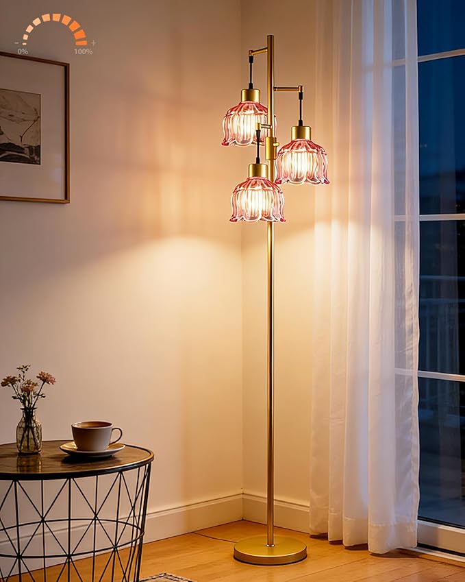 3-Light Modern Glass Floor Lamp, Gold Standing Tall Lamp with Deep Red Vertical Rib Glass Shade, Dimmable LED Floor Lamp with 5Lbs Heavy Base for Living Room Bedroom Home Decor, Bulb Included