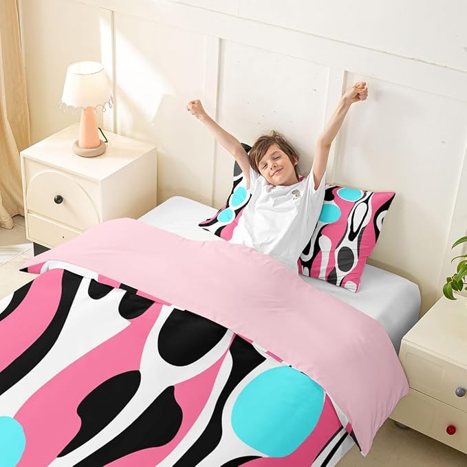 Mid Century Modern Abstract Duvet Cover Set Vintage Geometric Girl Toddler Bedding Set for Preteen Boys Girls Contemporary Organic Shapes Comforter Cover Squiggle Blob Bed Sets,Pink Turquoise