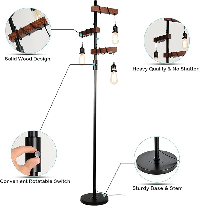 Industrial Floor Lamp, Farmhouse Tree 68 Inch 3 Lights Wood Standing Lamp, Sturdy Base Tall Vintage Metal Black Pole Light for Living Room Bedroom Office Rustic Home