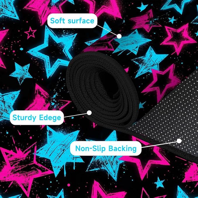 2'x3' Neon Star Area Rug Black Pink and Blue Floor Mat Abstract Star Print Rugs Washable Non-Slip Carpet for Entryway Bedroom Living Room Nursery Kitchen Playroom Home Decor
