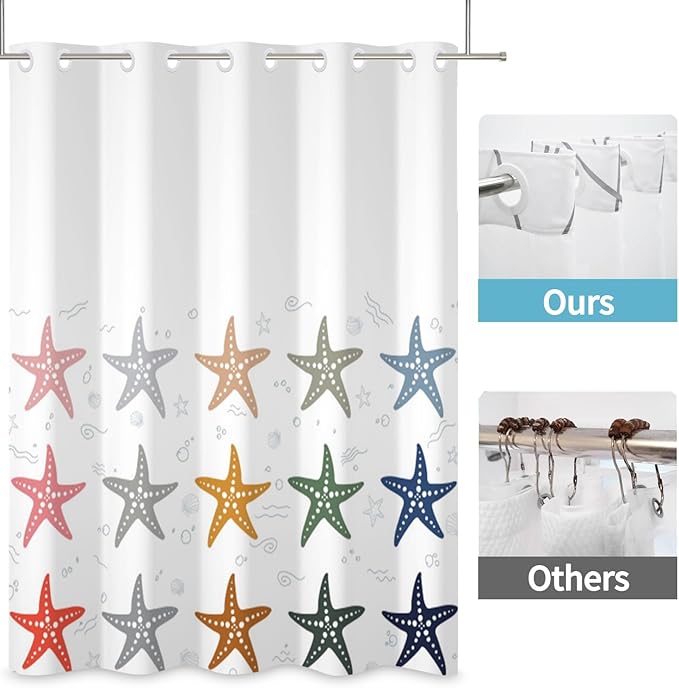 No Hook Shower Curtain with Snap in Liner Set Coastal Starfish Theme Shower Curtain for Bathroom Hotel Style Decor Waterproof and Washable Polyester Fabric Bath Curtains Shower 71Wx74H
