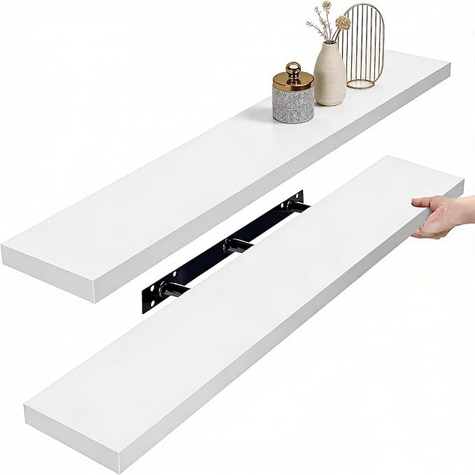 IEO Long Wooden Floating Shelves for Room Wall, Natural Wood Floating Shelves Wall Mounted Kitchen Shelf for Living Room, Bedroom, Kitchen,Bathroom, Storage (White, 48in 2tier)
