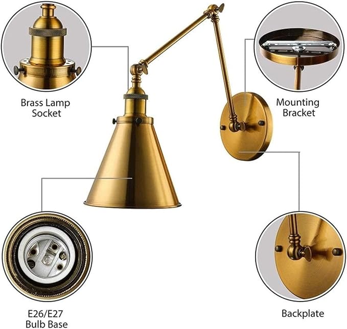 Retro Industrial Swing Arm Wall Lamp-Warm Brass Finish,Wall Mount with Wire Cover,Ideal for Living Room,Foyer,Office,Study,Reading Lights