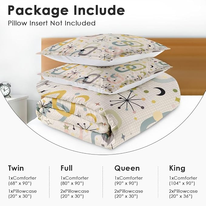 Retro Mid Century Diamond Twin Comforter Set, Atomic Starburst Modern Bedding Set 2 Piece, All Season Soft Toddlers Children Adults Bedroom Bed Decoration Comforter and 1 Pillow Shams
