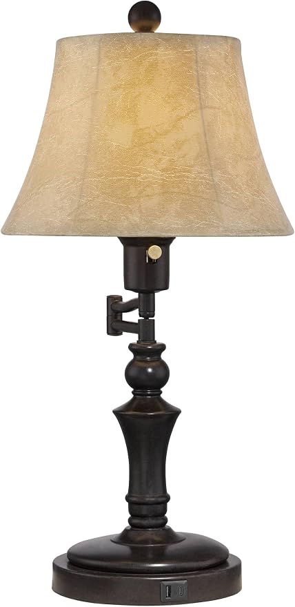 Regency Hill Corey 21.75" High Traditional Natural Cottage Swing Arm Hotel Style Desk Table Lamp with USB Ports A+C Charging Bronze Metal Faux Leather Bell Shade Living Room Bedroom House Bedside