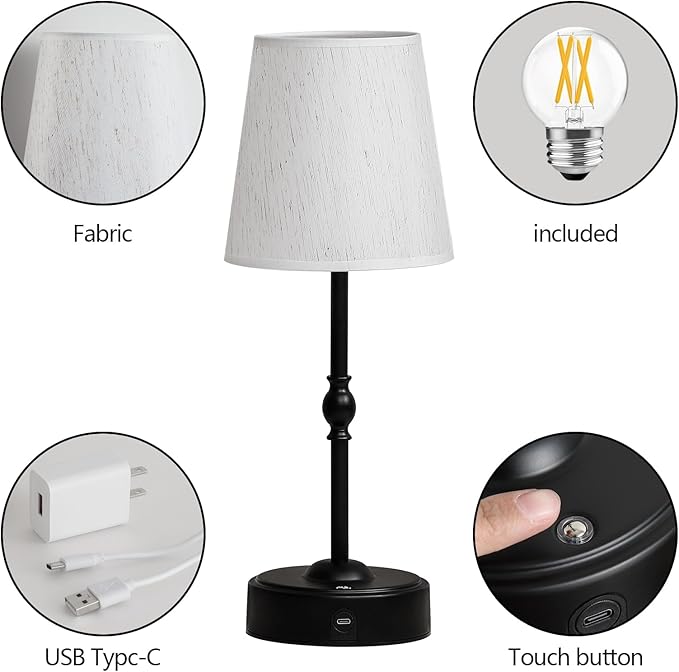 MEIXISUE Cordless Rechargeable LED Table Lamp with Dimmer,Black Portables Desk Lamp,Small Bedside Lamp,Battery Operated Lamp for Patio Balcony Corner Camping Bar RV