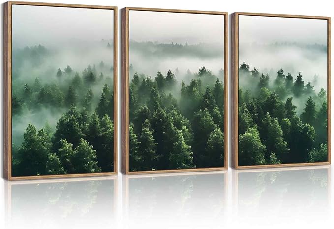KUVIOKE Green Fog Pine Tree Framed Wall Art Nature Nordic Misty Forests Artwork Morden Painting Bedroom Decor 12x16in (Natural Framed)