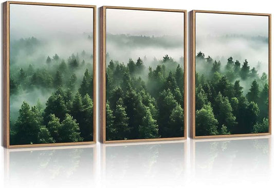 KUVIOKE Green Fog Pine Tree Framed Wall Art Nature Nordic Misty Forests Artwork Morden Painting Bedroom Decor 12x16in (Natural Framed)