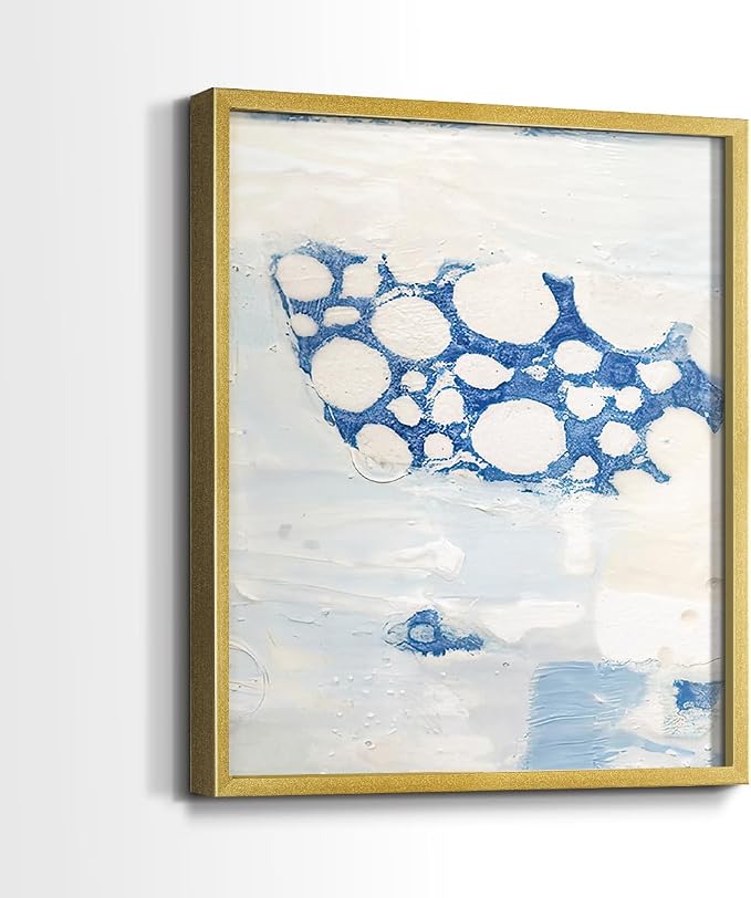Renditions Gallery Set of 2 Peel & Stick Framed Prints, Textured Abstract Wall Art, White Blue Bubble Like Pattern Wall Decor, Re-Stickable - Ready to Hang - 11"x14" - GOLD Frame LT588