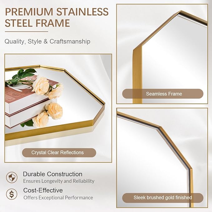 ANDY STAR Gold Octagon Bathroom Mirror, 30x40 Inch Stainless Steel Metal Frame, Anti-Rust, Shatterproof HD Glass, Wall Mounted for Bathroom, Bedroom, Living Room