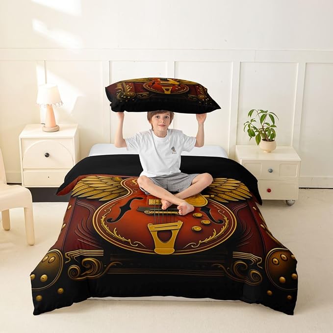 Erosebridal Guitar Toddler Comforter Cover Luxury Angel Wings Guitar Bedding Set Vintage Baroque Style Room Decor Duvet Cover,Youth Rock Roll Music Bed Set