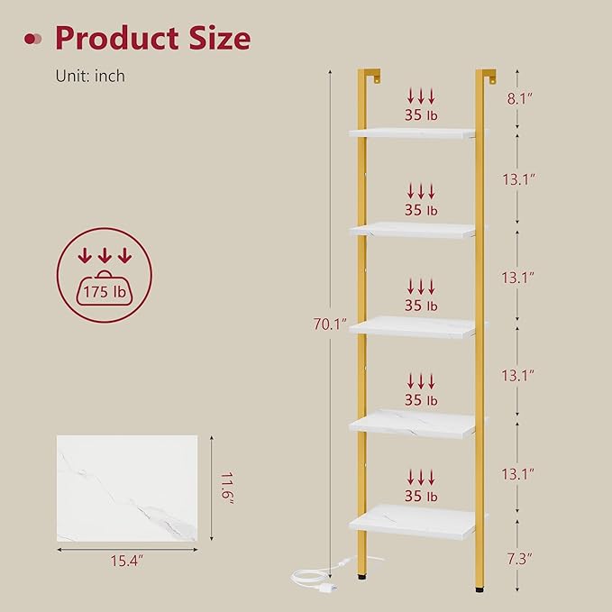 Tajsoon 5 Tier Ladder Shelf with Light, Wooden Wall Mounted Book Shelf, Wall Mounted Ladder Bookshelf with Metal Frame, Industrial Ladder Bookshelf for Office, Living Room, Bedroom, Gold & White