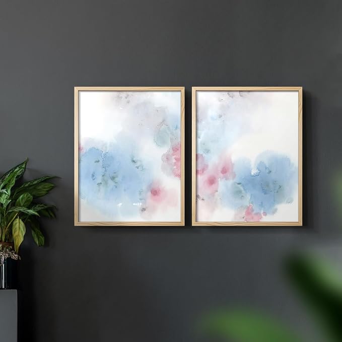 Renditions Gallery Set of 2 Peel & Stick Framed Prints, Watercolor Abstract Wall Art, Cotton Candy Splash Wall Decor, Re-Stickable - Ready to Hang - 16"x20" - NATURAL WOOD Frame LT588