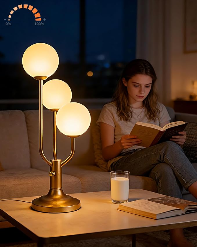 Lightdot Modern Gold Globe Table Lamp Dimmable Mid Century 3-Light Desk Lamp 3000K Warmwhite Nightstand Lamp for Bedroom Bedside End Table(G9 Bulb Included)
