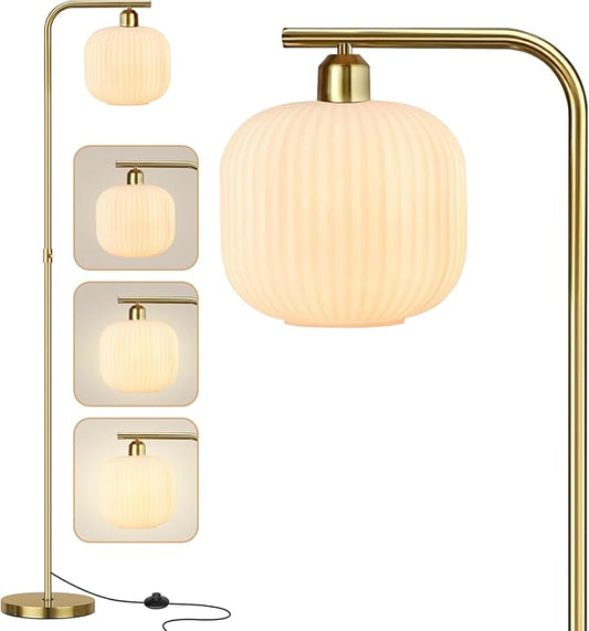 Floor Lamp for Living Room, Mid Century Modern Stadning Lamp with Cream White Glass Shade, Dimming and Pedal Switch, 67" Gold Tall Lamps for Bedroom Office Study Room