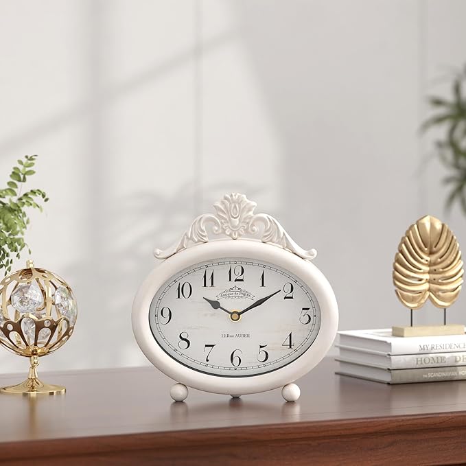 Vintage Table Clock, Desk and Shelf Decor Clock, French Rustic Antique Style White Mantel Clocks, for Farmhouse, Living Room, Bedroom, Bedside, Gift (7.87" H x 7.87" W)