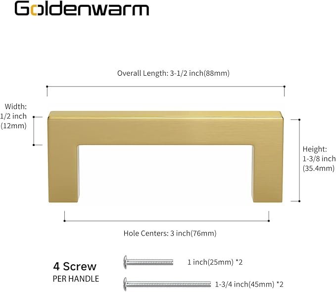 Goldenwarm Gold Cabinet Pulls Brushed Brass Drawer Pulls Gold Kitchen Cabinet Handles Square Bar Pulls Antique Brass Bathroom Cabinet Hardware,3in 50 Pack