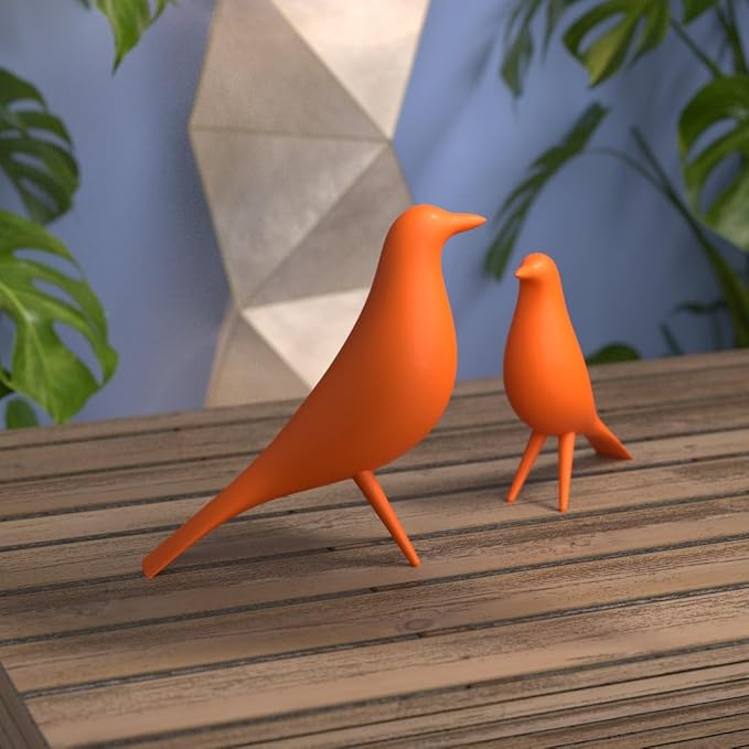 Mid Century Modern Retro Style Bird Family Decor Vintage Look Figurines 1960s 50s MCM Midmod Set of 2 Office Decoration Home Living room Gift (Orange)