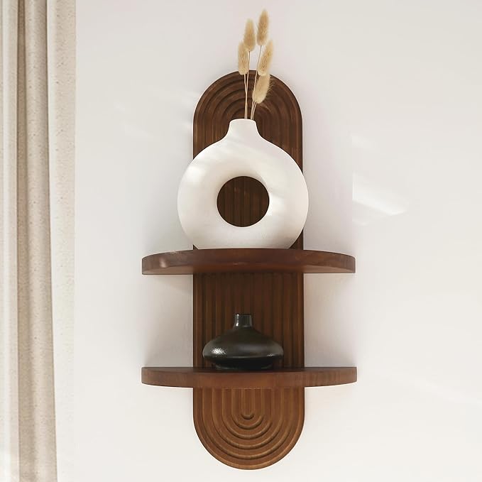GRID FORTE Modern Wall Shelf with Arched Wood Design Mid-Century Double Floating Rainbow Shelves for Indoor Decoration Holding Planter Ornaments, 22 x 11.6 Inch (Walnut)