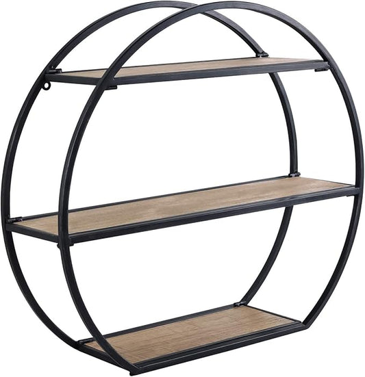 Industrial Style Semi-Circle Shaped Wall Shelves, 3 Tier Decorative Floating Ledge Shelves, Wall Mounted Metal Bracket Wooden Display Hanging Shelf