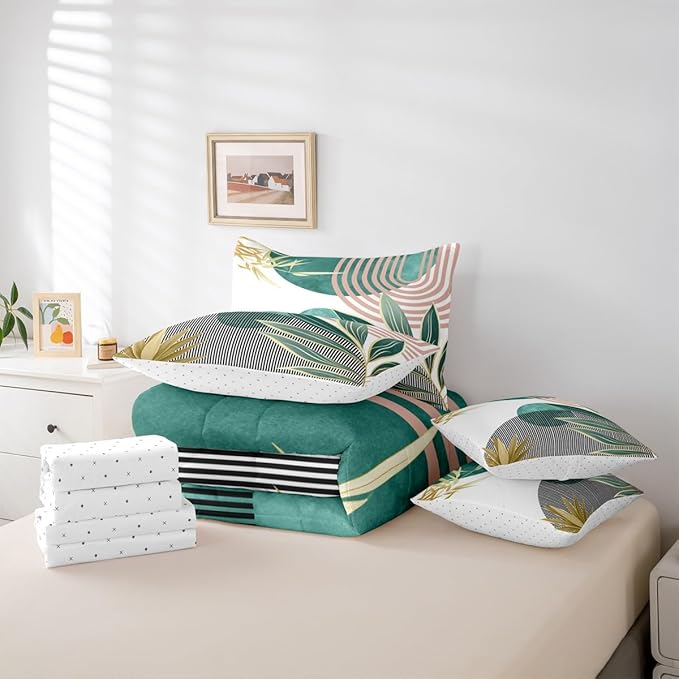 Erosebridal Mid Century Modern Bedding Sets Twin Bohemian 7 Piece Comforter Set for Kids,Boho Tropical Modern Bed in a Bag Abstract Sun Minimalist Simple Sheet Set with Comforter,Green Pink