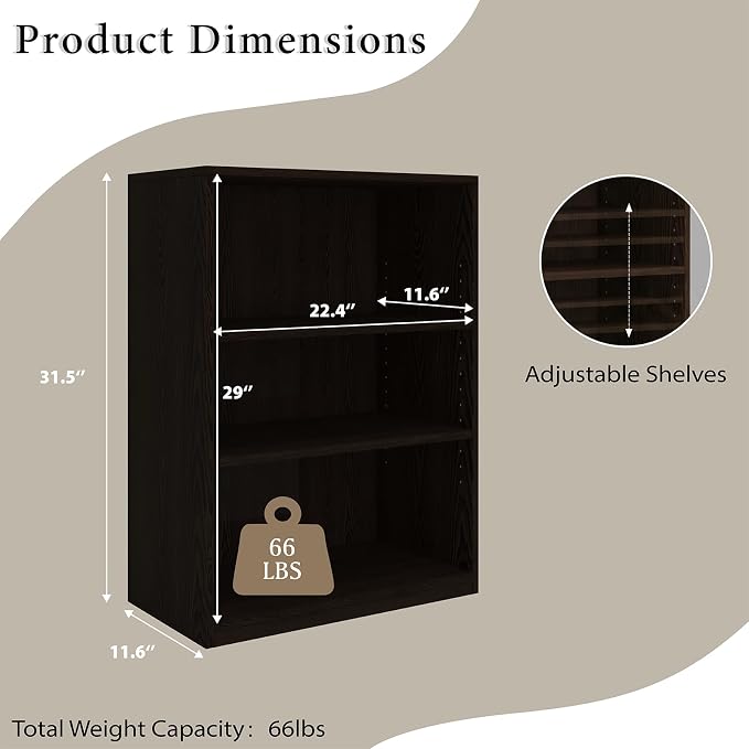 Wooden 3-Tier Bookshelf, Adjustable Open Storage Shelf Unit, 31.5" Tall Bookcase（Chocolate）