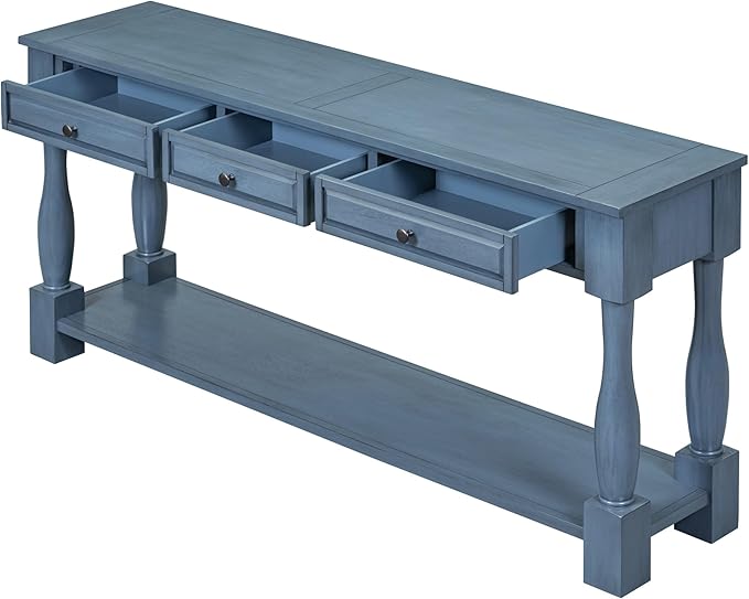 Merax Long Console Table with 3 Storage Drawers, Entryway Table with Pine Wood Frame and Legs, Sofa Table with Bottom Shelf for Entryway Living Room, Easy Assembly, Navy