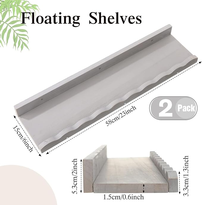 Suzile 2 Pcs Scalloped Shelves Wall Floating Shelves Set for Room, Bathroom, Bedroom, Cute Room Decor Aesthetic and Books, Toys, Photo Frames Storage(23",Gray)
