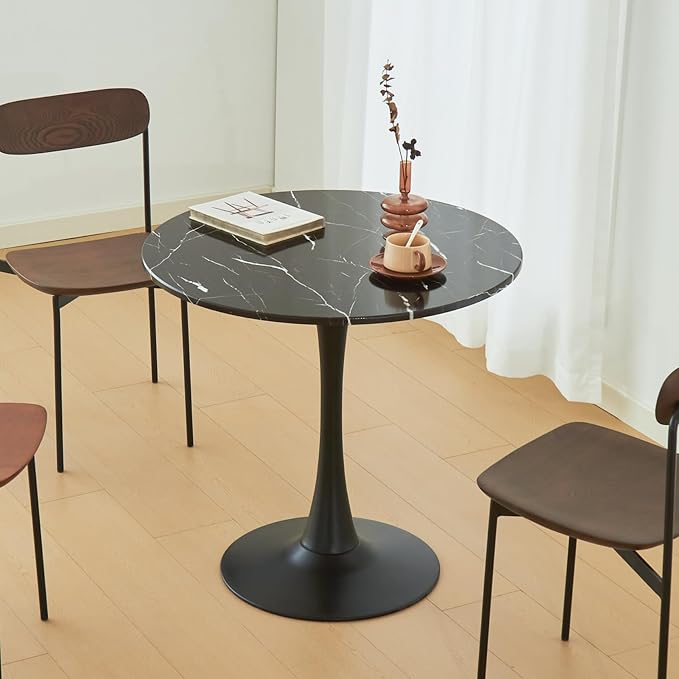Round Dining Tulip Table for 2, Mid-Century Modern Table with Sturdy Metal Pedestal for Kitchen, Bistro, Cafe, Leisure (Faux Marble Black, 24 INCH)