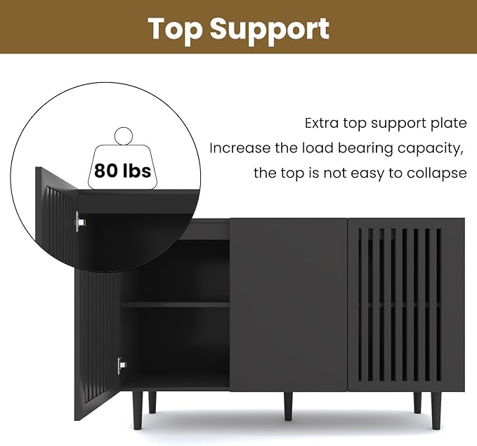 CHUWELL Modern Storage Cabinet, 47.2" Buffet Cabinet with 3 DIY Doors and Adjustable Shelf, Sideboard Coffee Bar with Solid Wood Feet for Kitchen,Dining Room,Living Room,Black