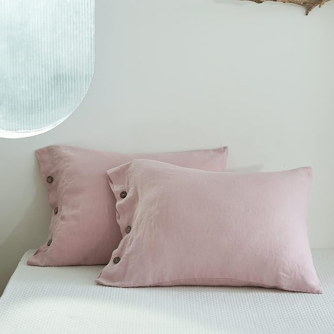 Simple&Opulence 100% Linen Duvet Cover Set 3pcs with Coconut Button Closure Natural French Washed Flax Solid Color Soft Breathable Farmhouse Bedding - Blush Pink, King Size