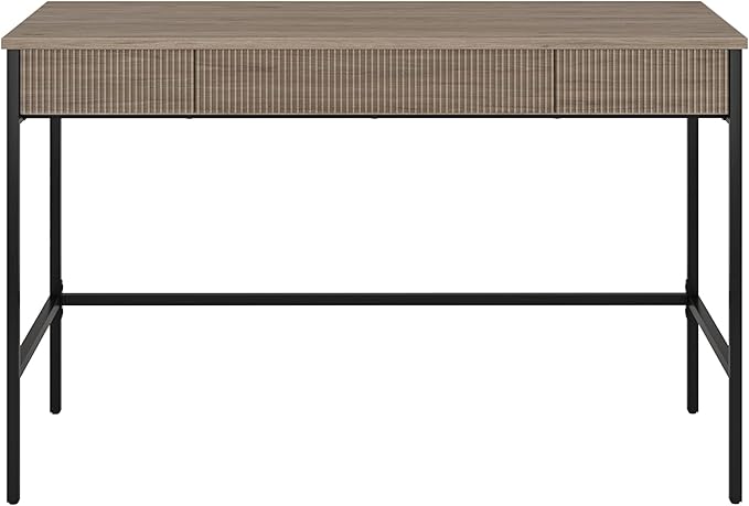Henn&Hart 48" Fluted Mid-Century Modern Rectangular Wooden Home Office Desk Computer Desk Writing Table with 3 Ribbed Storage Drawers for Bedroom, Living Room, or Home Office, Weathered Gray