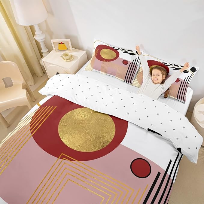 Erosebridal Pink Abstract Boho Queen Comforter Cover Mid Century Modern Duvet Cover Minimalist Aesthetic Neutral Bed Set Botanical Leaves Simple Bedding Set
