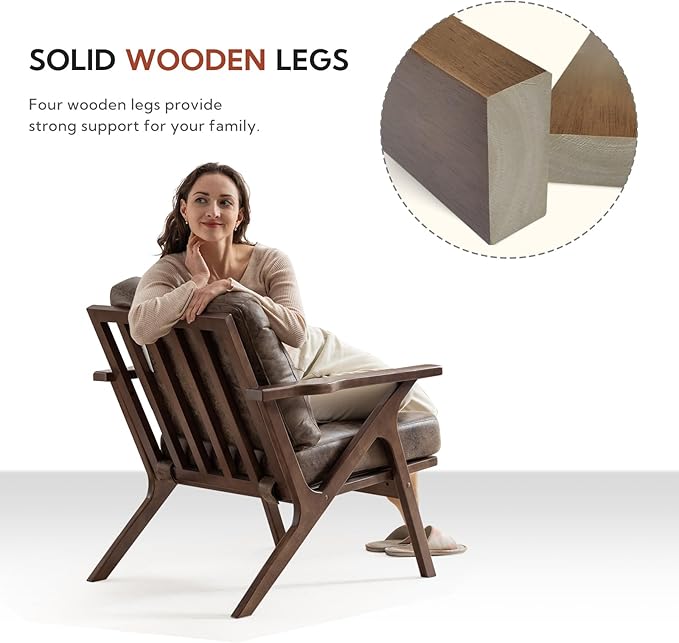 Bonzy Home Accent Chairs for Living Room,PU Leather Mid Century Modern Wood Reading Armchair with Removable Upholstered Cushions