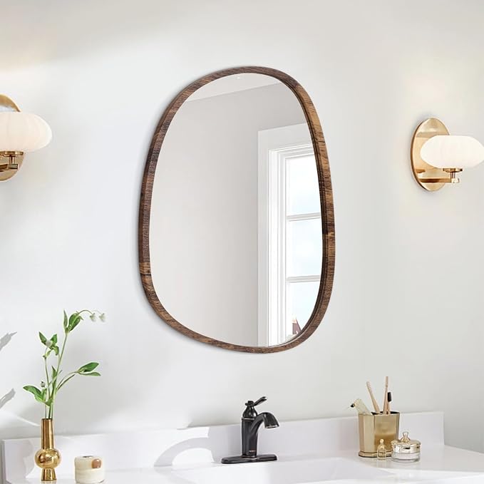 Small Wall Mirror Asymmetrical Irregular Wood Frame Mirror Modern Unique Wall-Mounted Artistic Oval Shape Mirror Decor for Bedroom Living Room Bathroom Vanity Entryway Hallway