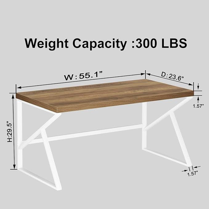 HSH Farmhouse Desk Computer Table, Modern Home Office Desk, Student Desk for Bedroom, Rustic Wood and Metal PC Laptop Desk, Simple Writing Study Gaming Desk Executive Workstation, 55 Inch