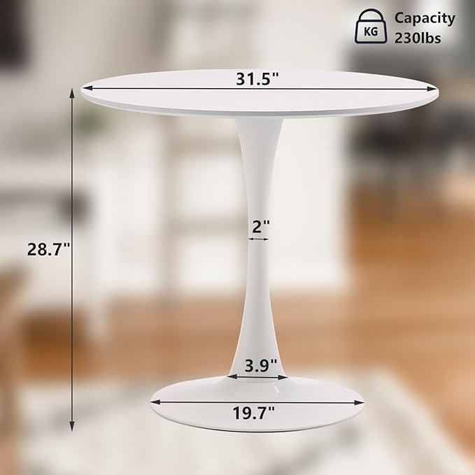 White Round Dining Table, 31.5" Tulip Table Kitchen Round Dining Table for 2-4 People with MDF Table Top and Metal Pedestal Base, Mid-Century Leisure Table for Home, Dining Room, Cafe