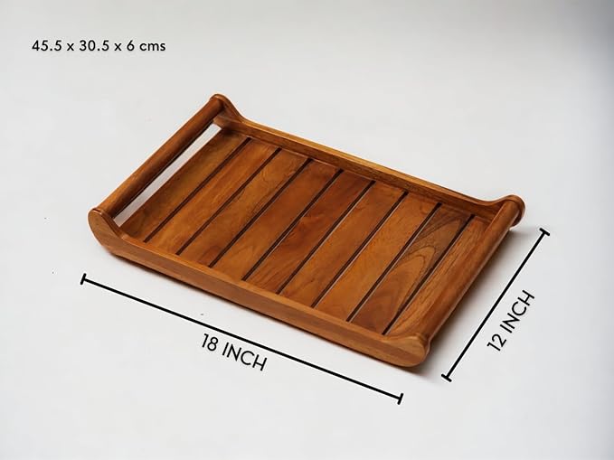 Vesta Homes Extra Large Teak Wood Rectangular Serving Tray for Home/Kitchen/Restaurant/Office Organizer/Dining Table|Premium Wooden Trays|45.5X30.5X5.7 Cm|Handmade in India