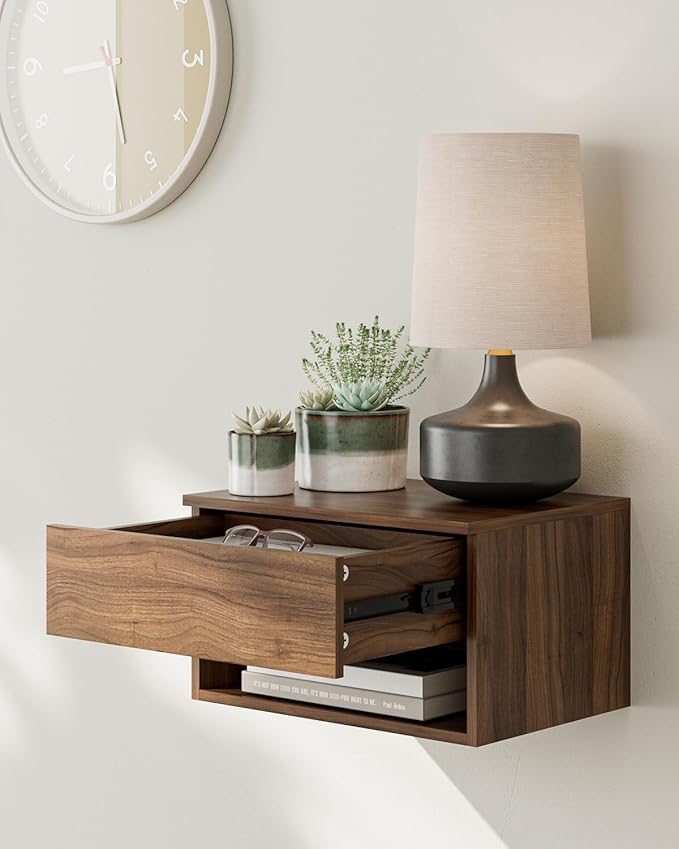 Floating Nightstand, Small Modern Floating Nightstand with Drawer, Floating Shelves for Bedroom, Bathroom (Brown Walnut)
