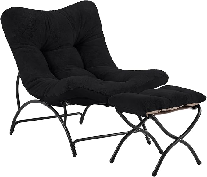 Tiita Accent Lazy Chair with Ottoman, Comfy Lounge Chair with Metal Frame and Plush Fabric, Thick Cushion Seated Cozy Recliner Chair for Reading Room, Living Room, Bedroom, Office, Black