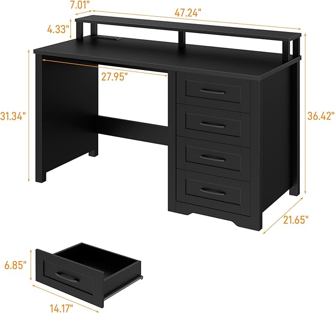 Vabches 47" Farmhouse Executive Desk with Monitor Stand and LED Lights,4 Drawers Computer Desk with Power Outlets,Large Workspace for Work Study Writing.(Pure Black)