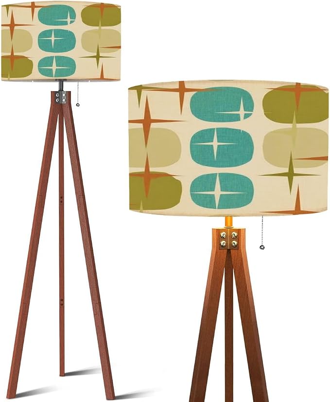 Wood Tripod Floor Lamp Retro Abstract Era Seamless 1950s 1960s 1970s modern abstract texture Mid Century Standing Lamp Linen Shade Dimmable Modern Tall lamp Home Decor for Living Room Bedroom Office