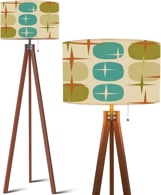 Wood Tripod Floor Lamp Retro Abstract Era Seamless 1950s 1960s 1970s modern abstract texture Mid Century Standing Lamp Linen Shade Dimmable Modern Tall lamp Home Decor for Living Room Bedroom Office