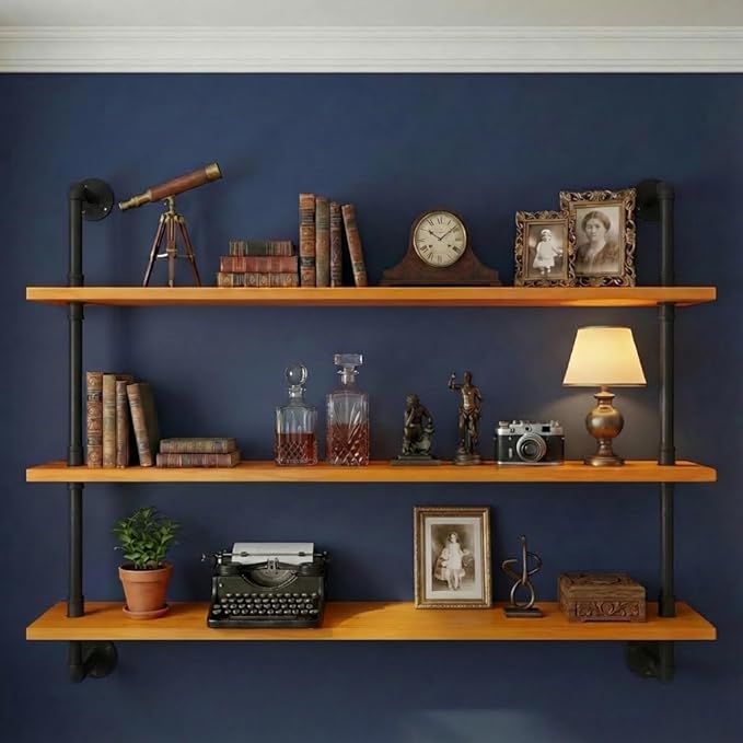 HDDFER Industrial Pipe Wall Shelves - 36" Rustic Natural Oak Solid Wood Shelf, 9.85" Deep Industrial Pipe Floating Shelving for Farmhouse Rustic Decor, Sturdy Storage for Books/Plants/Toiletries