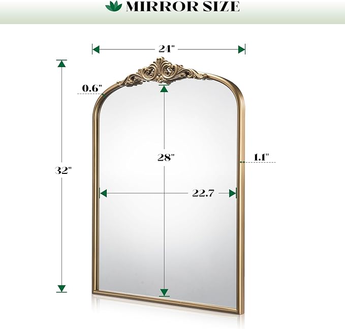 Gold Arched Antique Wall Mirror, 24"x32" Vintage Gold Bathroom Mirror Over Sink, Brass Ornate Arch Wall Mirror for Living Room, Bedroom, Fireplace, Entryway, Hanging or Leaning
