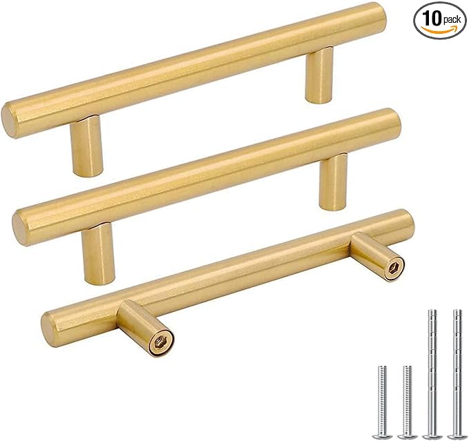 Goldenwarm 10 Pack 3-1/2 inch Gold Cabinet Handles Brushed Gold Cabinet Pulls Stainless Steel Drawer Pulls, Durable Kitchen Cabinet Handles - Bathroom Bedroom Dresser Handles Easy DIY Upgrade