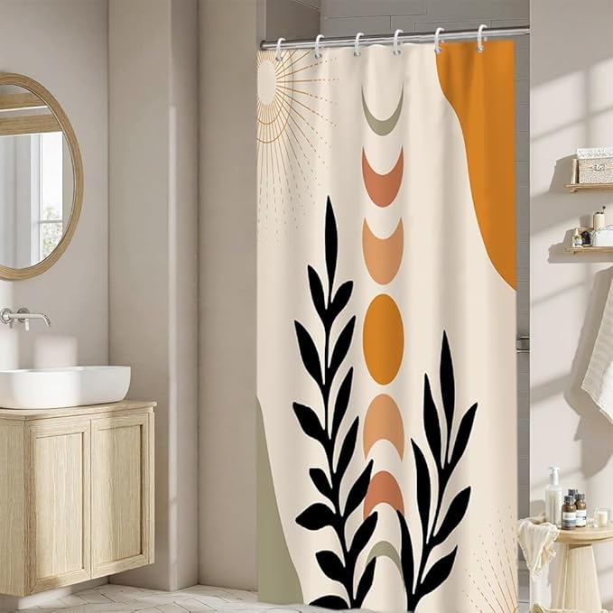 Mid Century Boho Shower Curtain for Bathroom Black Leaves Orange Sun Moons Bathtub Curtains Modern Bohemian Abstract Bathroom Decor Set Washable Waterproof Polyester Fabric with Hooks 48x72 Inch