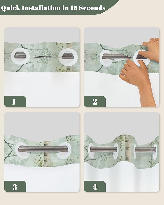 No Hook Shower Curtain and Liner Set, Birch Tree Forest Double Layer Waterproof Fabric Bath Tub Curtain for Rustic Farmhouse & Woodland Bathroom Decor, See Through Top, 71 x 74 Inch